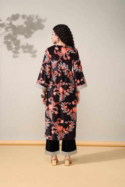 HOK ENSEMBLE - Printed Black floral Velvet Suit set