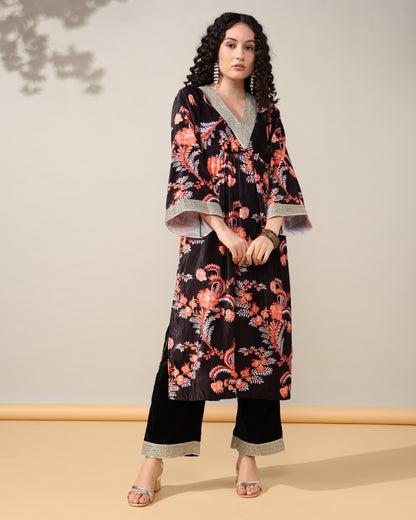 HOK ENSEMBLE - Printed Black floral Velvet Suit set