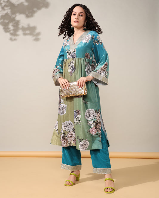 HOK ENSEMBLE - Printed Sea Green floral Velvet Suit set