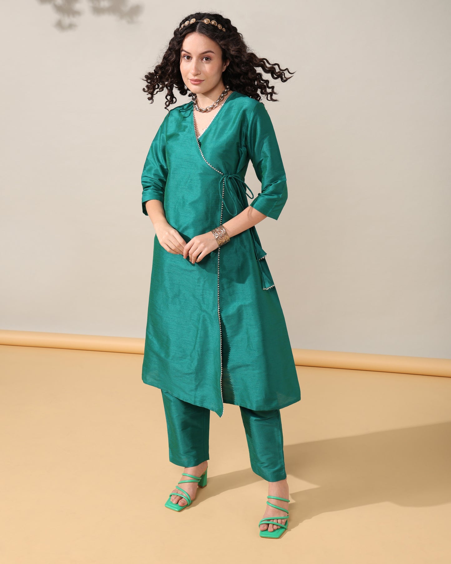 HOK ENSEMBLE - Green Dupion silk Angrakha suit set