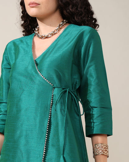 HOK ENSEMBLE - Green Dupion silk Angrakha suit set