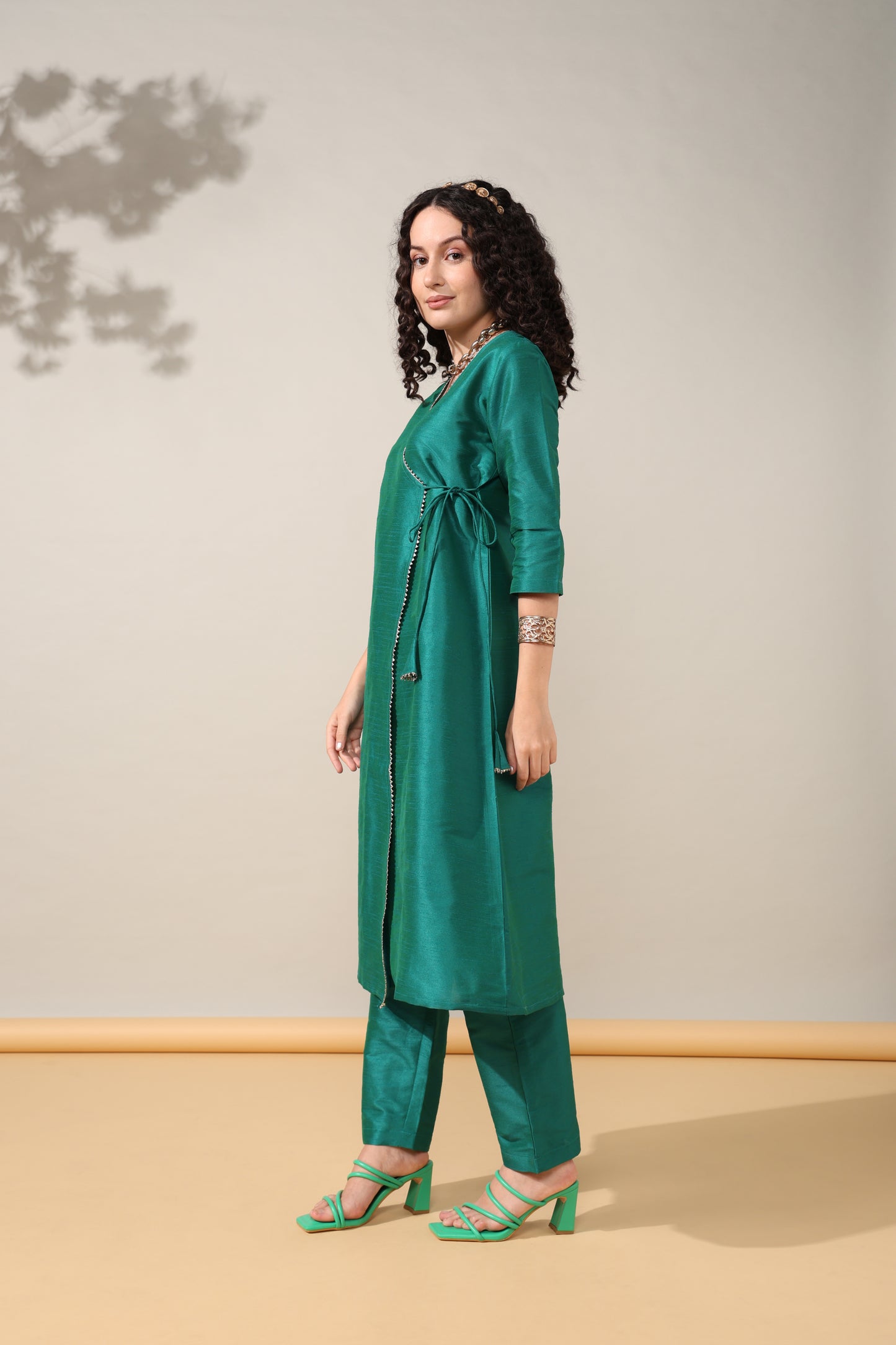 HOK ENSEMBLE - Green Dupion silk Angrakha suit set