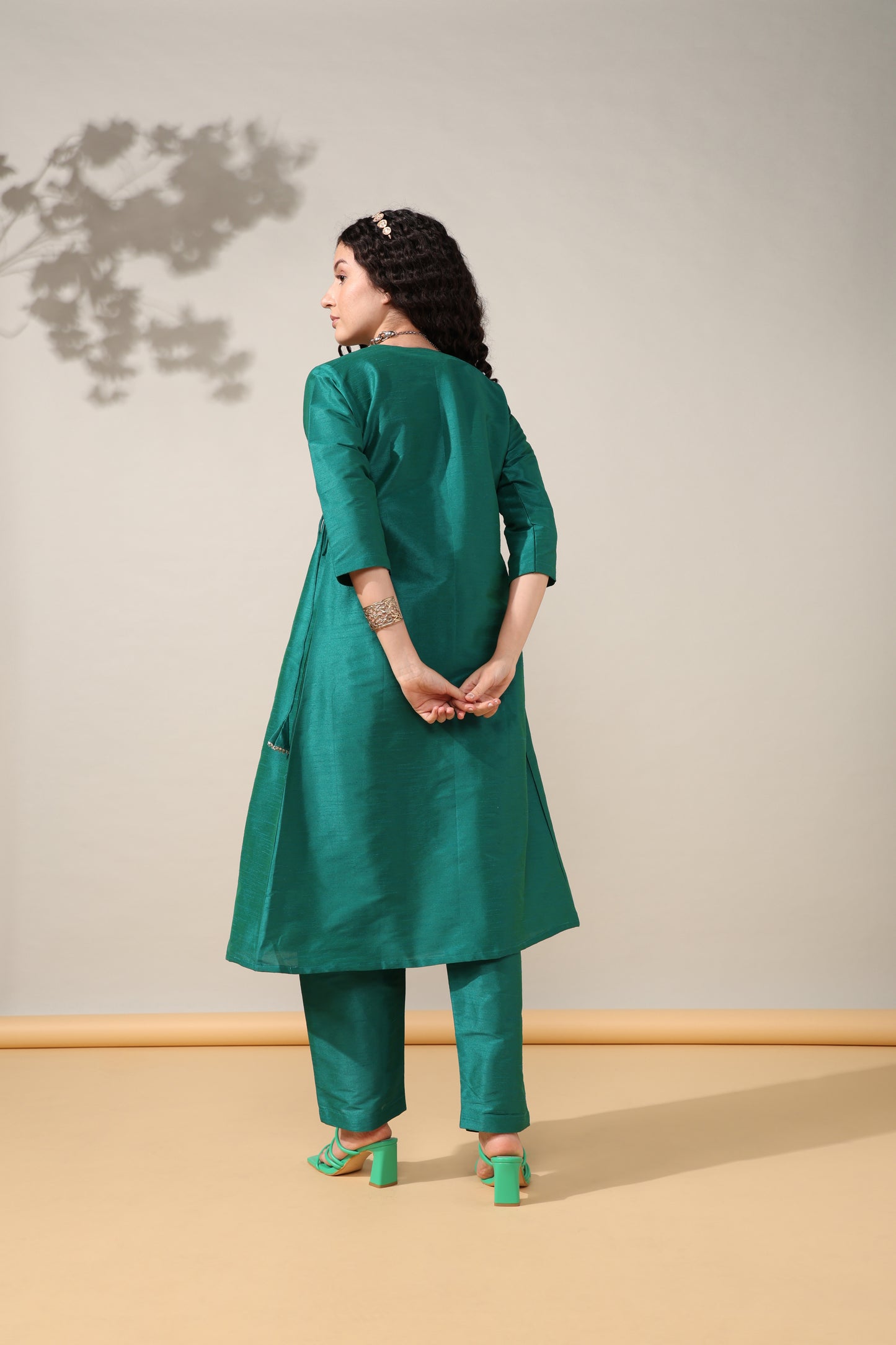 HOK ENSEMBLE - Green Dupion silk Angrakha suit set