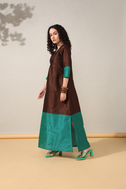 HOK ENSEMBLE - Brown Green Dupion Long Kaftan Gown