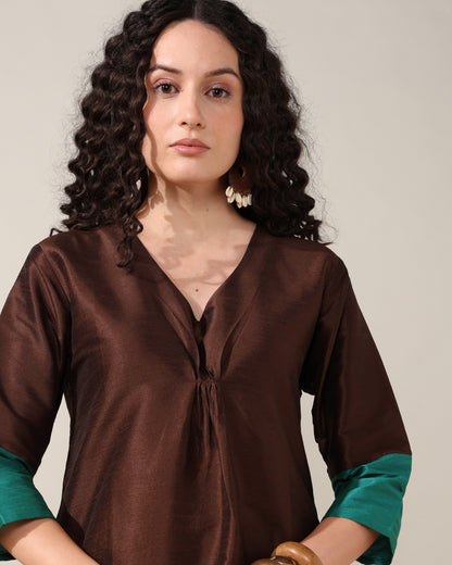 HOK ENSEMBLE - Brown Green Dupion Long Kaftan Gown