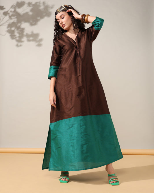 HOK ENSEMBLE - Brown Green Dupion Long Kaftan Gown