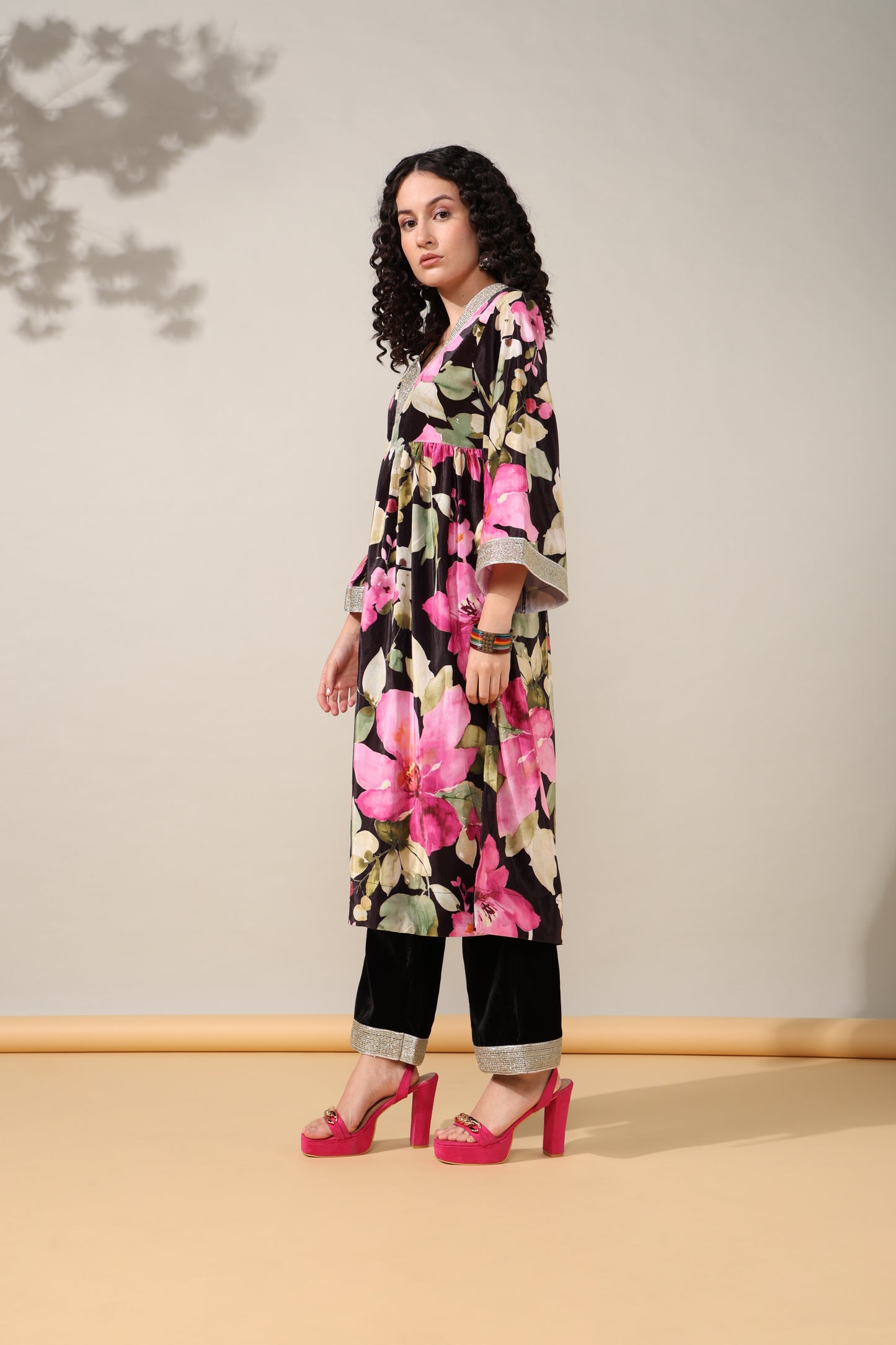 HOK ENSEMBLE - Printed Black floral Velvet Suit set