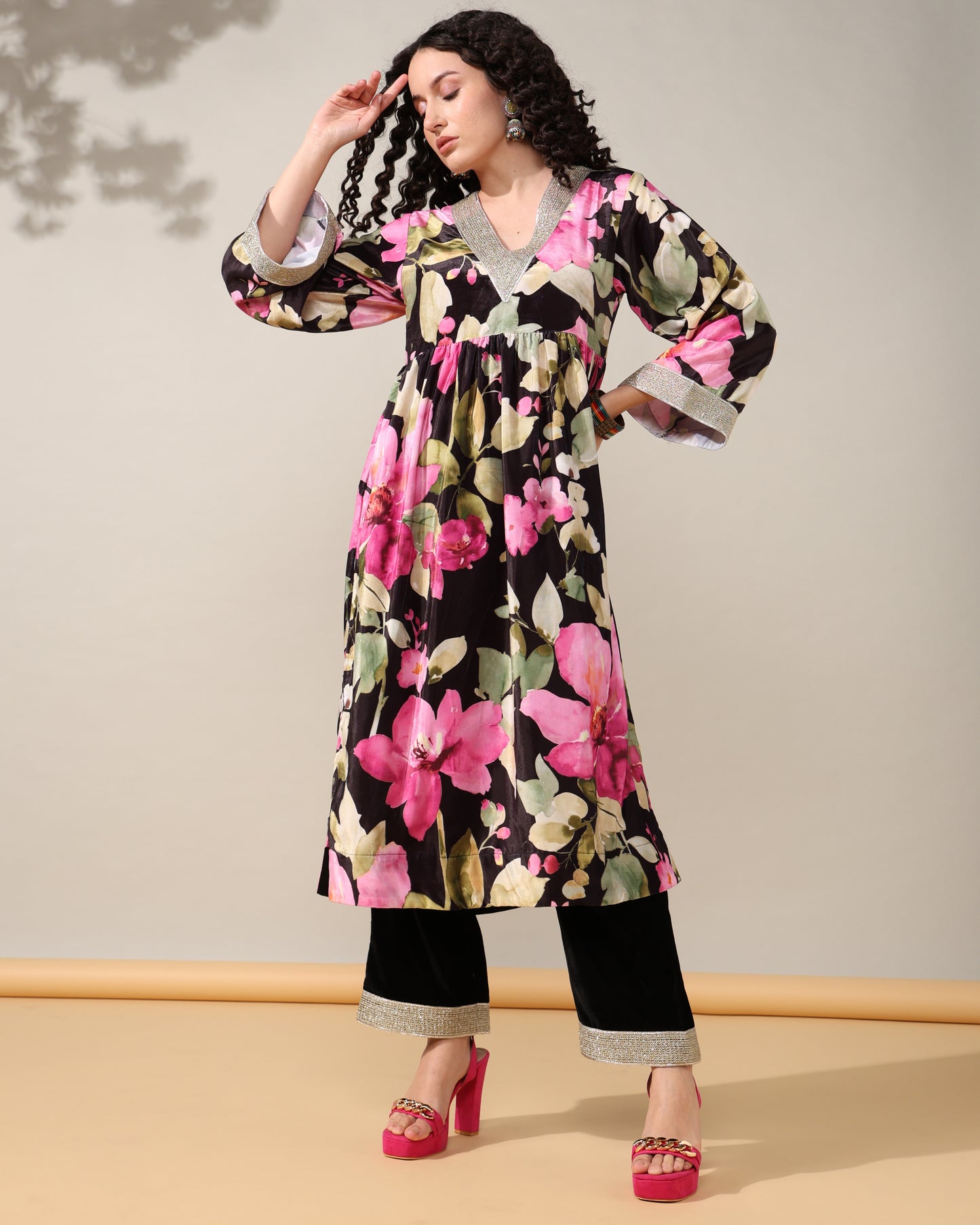 HOK ENSEMBLE - Printed Black floral Velvet Suit set