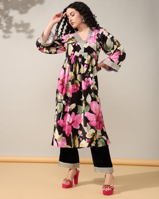 HOK ENSEMBLE - Printed Black floral Velvet Suit set