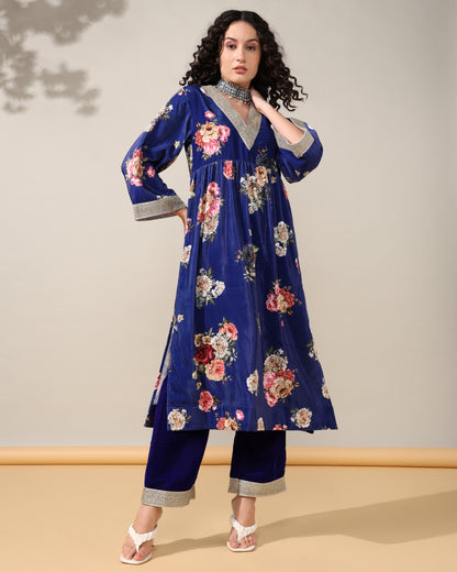 HOK ENSEMBLE - Printed Navy floral Velvet Suit set