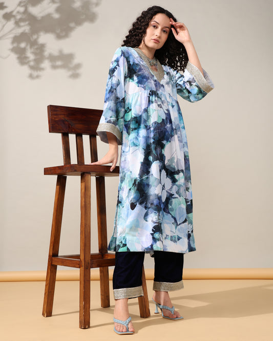 HOK ENSEMBLE - Printed Bluish white floral Velvet Suit set