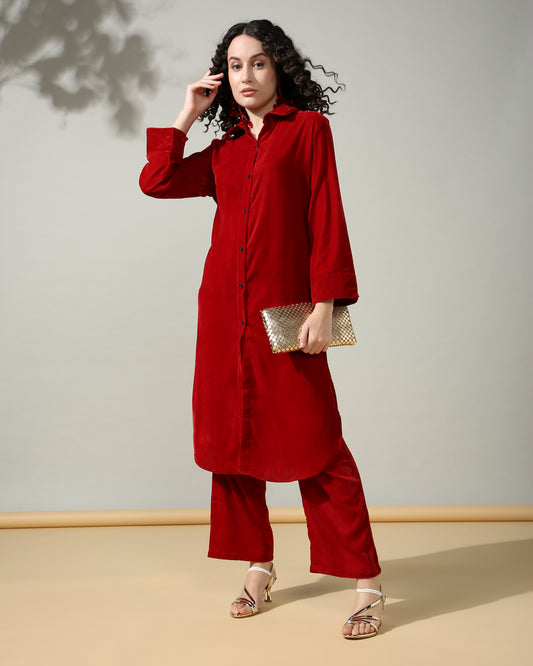 HOK ENSEMBLE - Maroon Velvet long Coord set