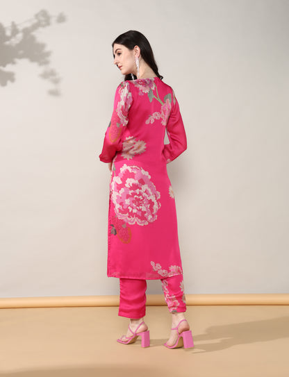 Pink golden Georgette satin suit with organza dupatta set of 3