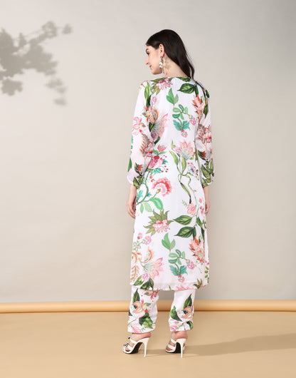 White floral Georgette satin suit with organza dupatta set of 3