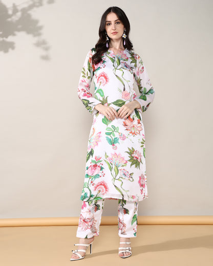White floral Georgette satin suit with organza dupatta set of 3