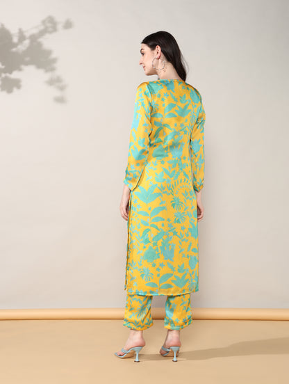 Mustard blue Georgette satin suit with organza dupatta set of 3