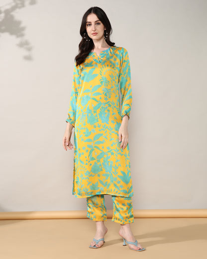 Mustard blue Georgette satin suit with organza dupatta set of 3
