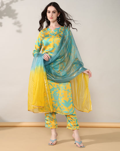 Mustard blue Georgette satin suit with organza dupatta set of 3