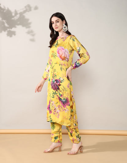 Yellow floral Georgette satin suit with organza dupatta set of 3