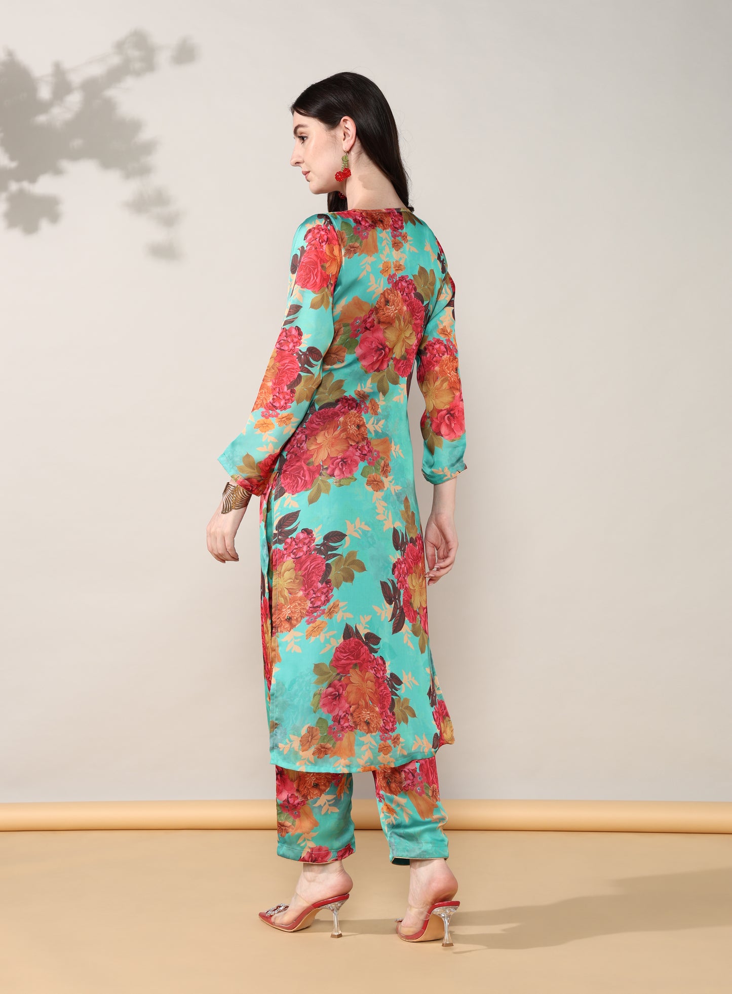 Sea green floral Georgette satin suit with organza dupatta set of 3