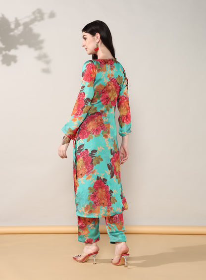 Sea green floral Georgette satin suit with organza dupatta set of 3