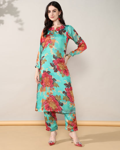 Sea green floral Georgette satin suit with organza dupatta set of 3