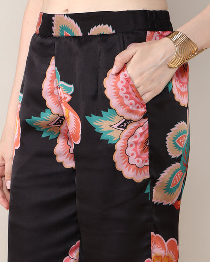 Black floral Georgette satin suit with organza dupatta set of 3