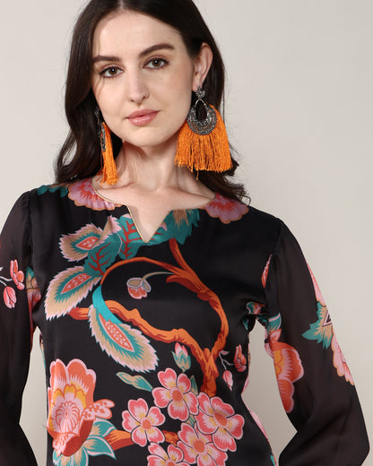 Black floral Georgette satin suit with organza dupatta set of 3