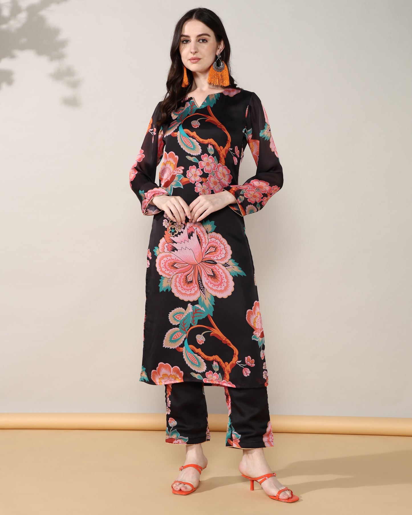Black floral Georgette satin suit with organza dupatta set of 3