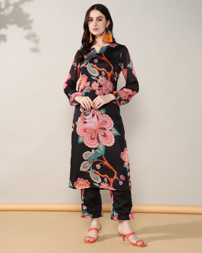 Black floral Georgette satin suit with organza dupatta set of 3
