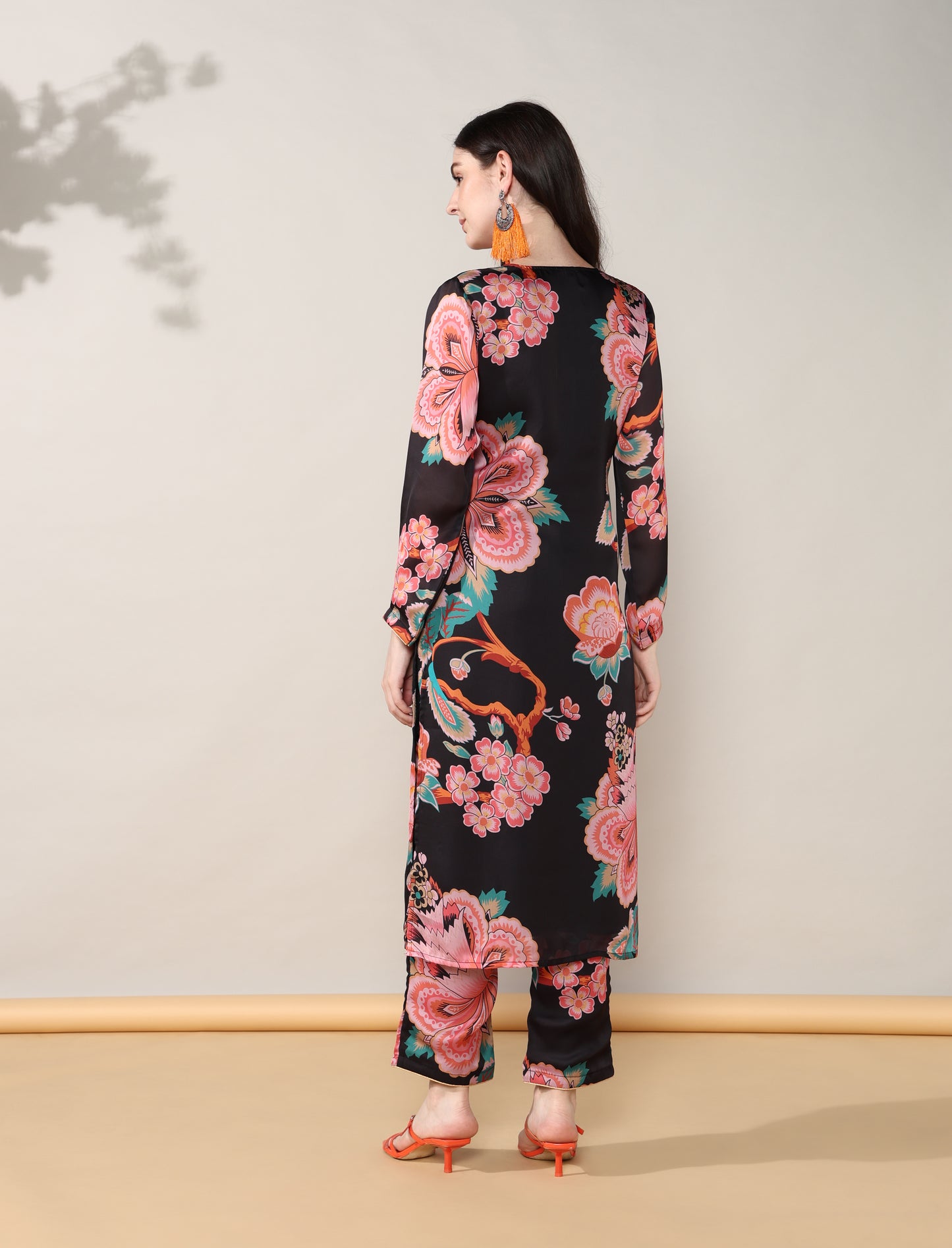 Black floral Georgette satin suit with organza dupatta set of 3