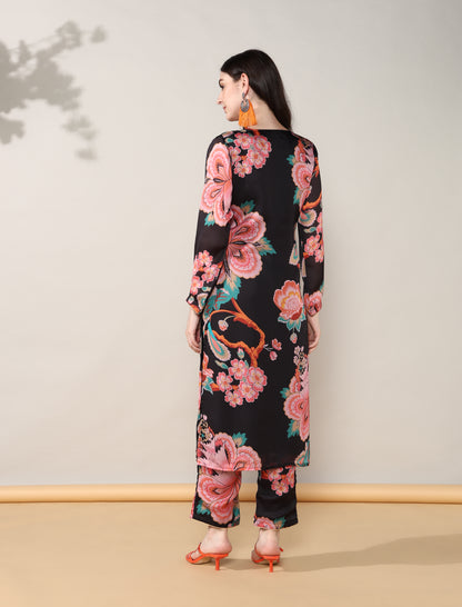 Black floral Georgette satin suit with organza dupatta set of 3