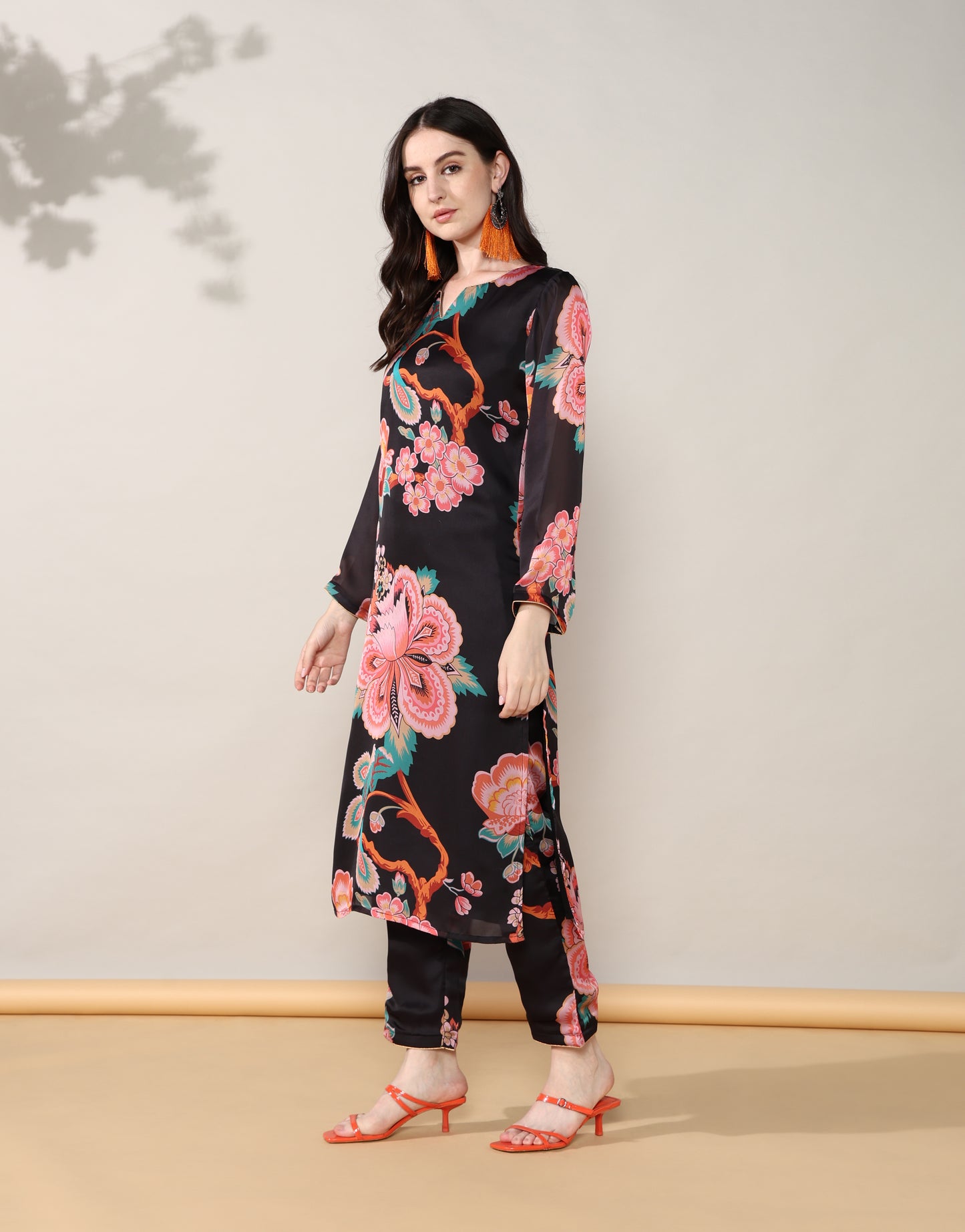 Black floral Georgette satin suit with organza dupatta set of 3
