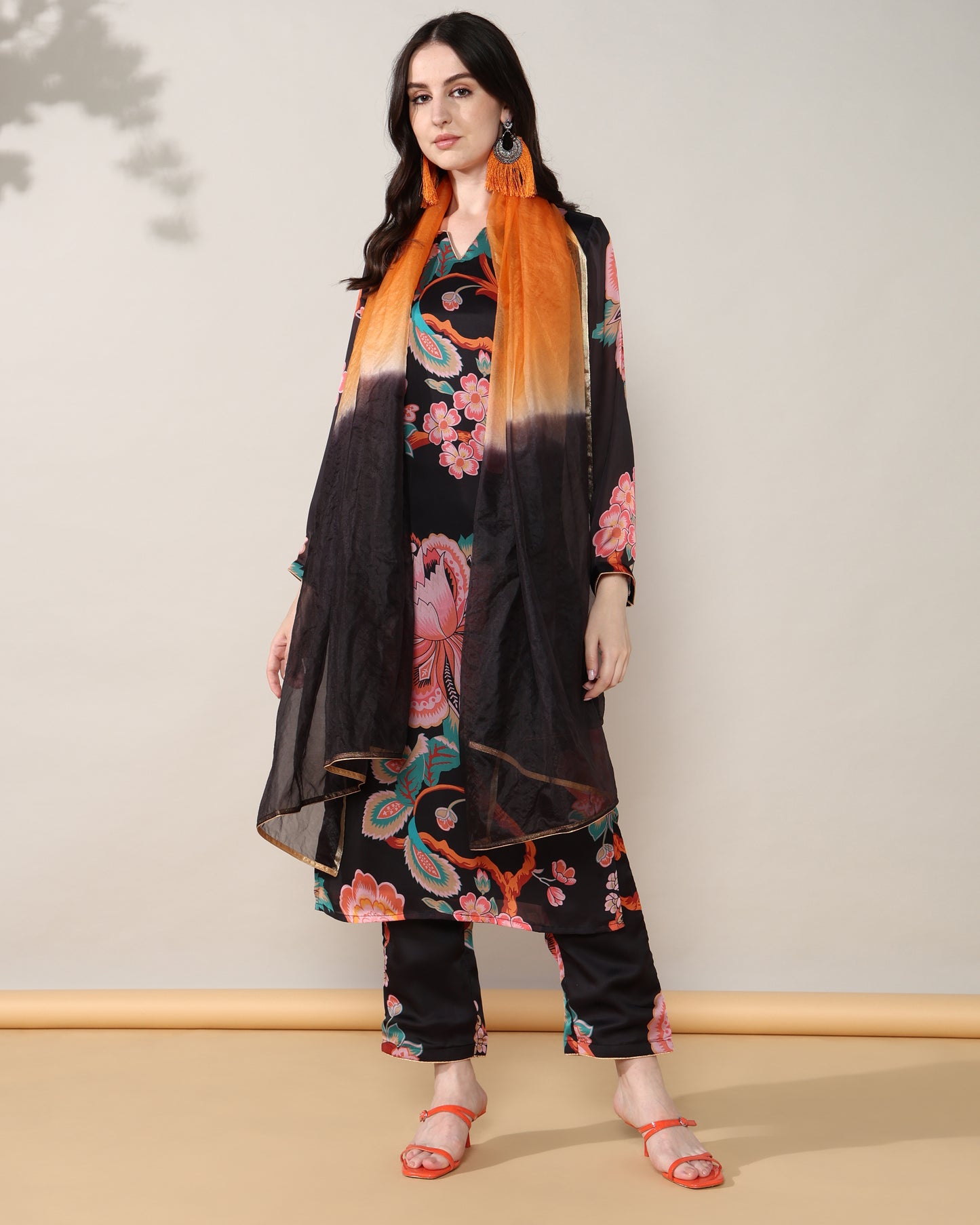 Black floral Georgette satin suit with organza dupatta set of 3