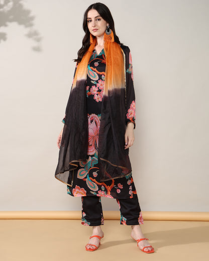 Black floral Georgette satin suit with organza dupatta set of 3