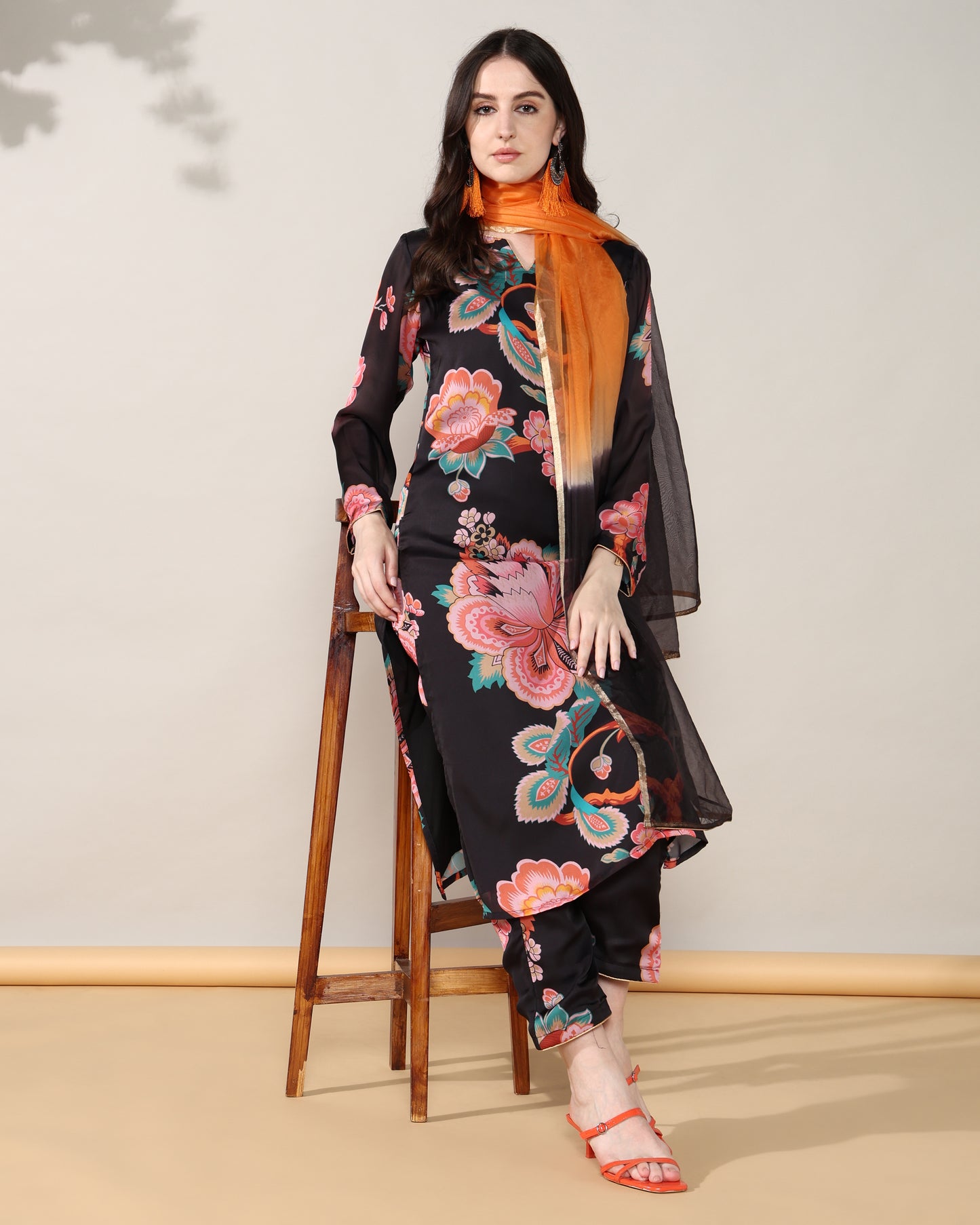 Black floral Georgette satin suit with organza dupatta set of 3