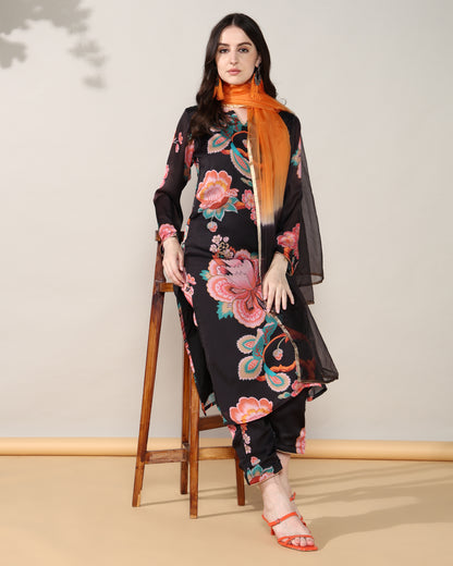 Black floral Georgette satin suit with organza dupatta set of 3