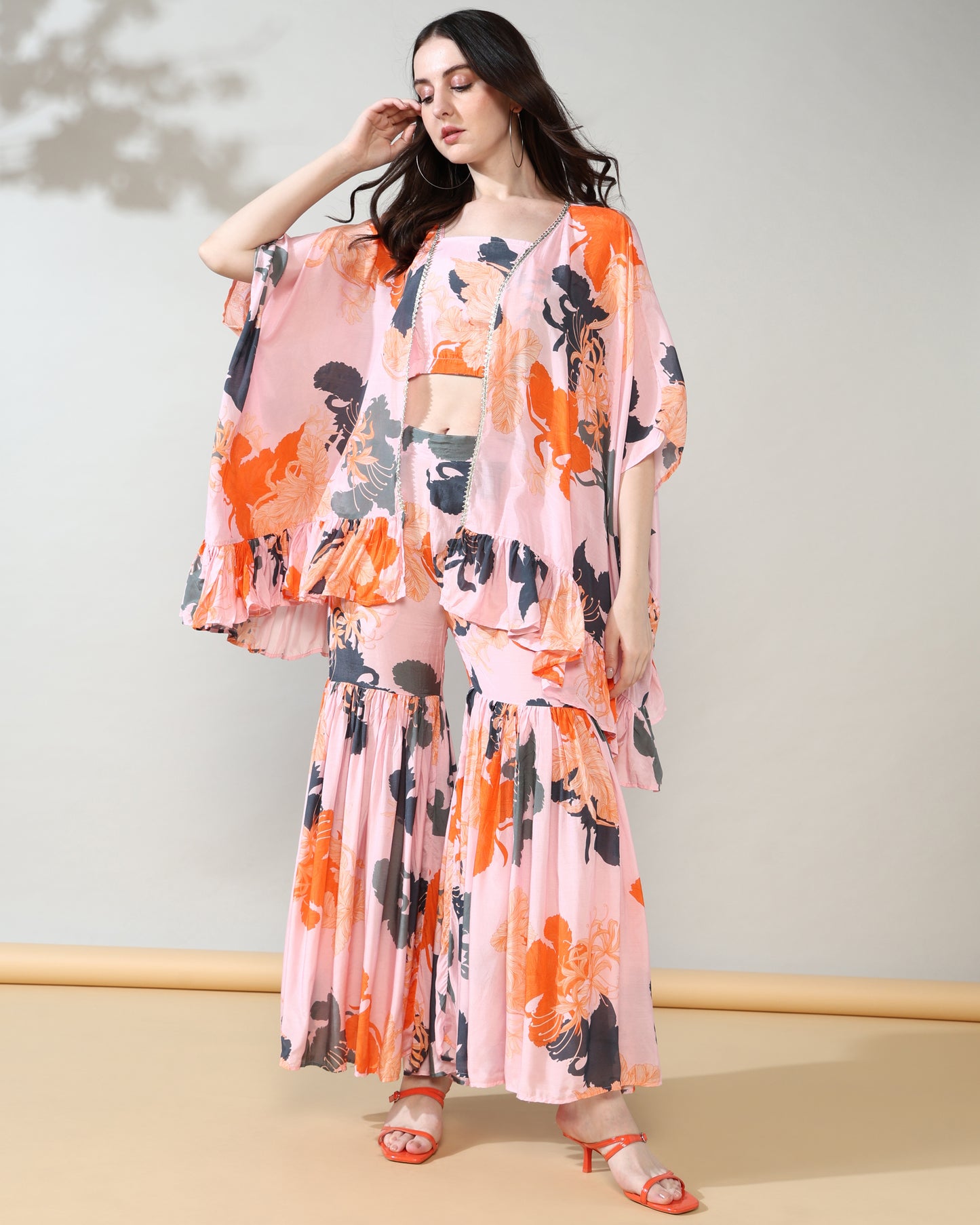 Peachy Orange Pure Muslin Sharara set of 3