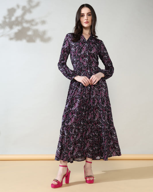 Black Paisley Rayon Long Dress