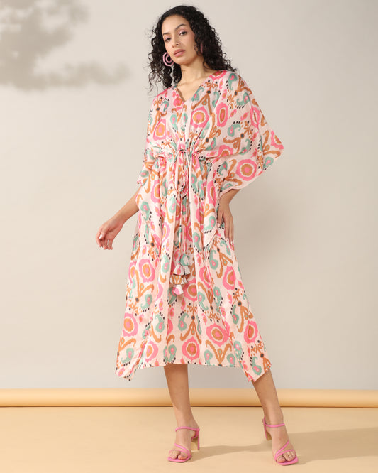 Ikkat ethnic Satin linen Kaftan Dress