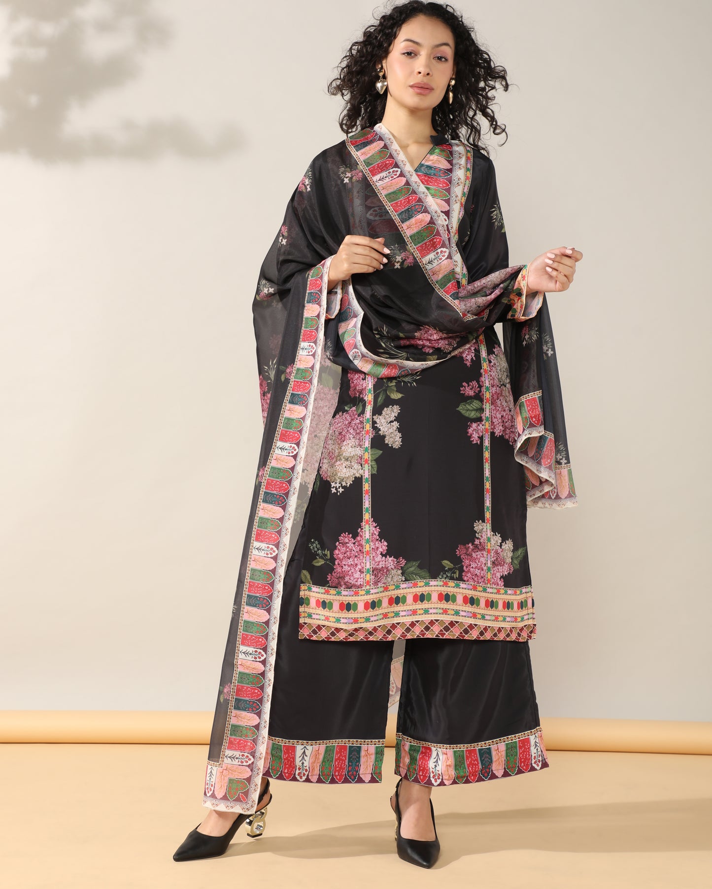 Elegance in Black Print Suit Set with Dupatta