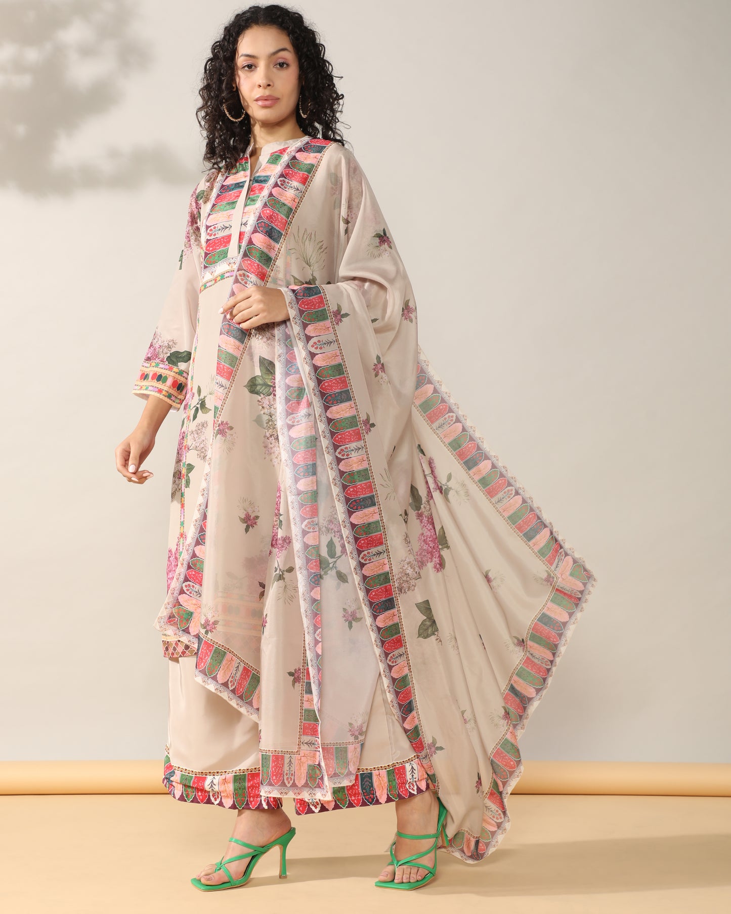 Elegance in Beige Print Suit Set with Dupatta
