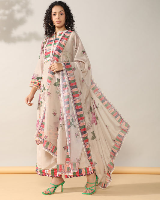 Elegance in Beige Print Suit Set with Dupatta