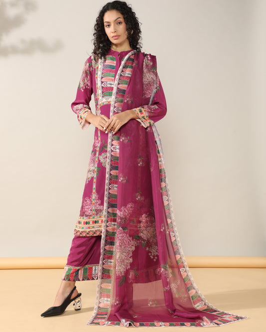 Elegance in Wine Print Suit Set with Dupatta