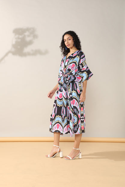 Ikkat Blue Satin linen Kaftan Dress