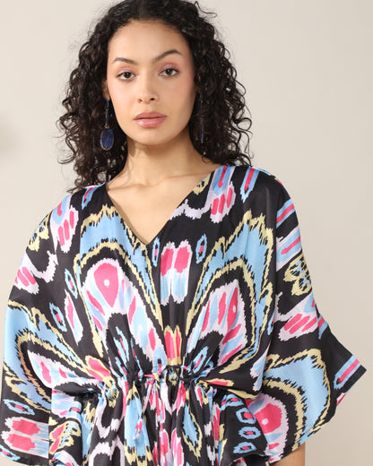 Ikkat Blue Satin linen Kaftan Dress