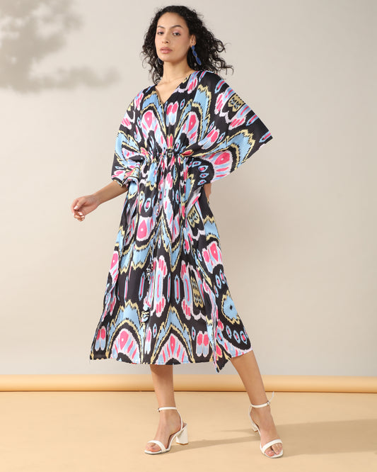 Ikkat Blue Satin linen Kaftan Dress