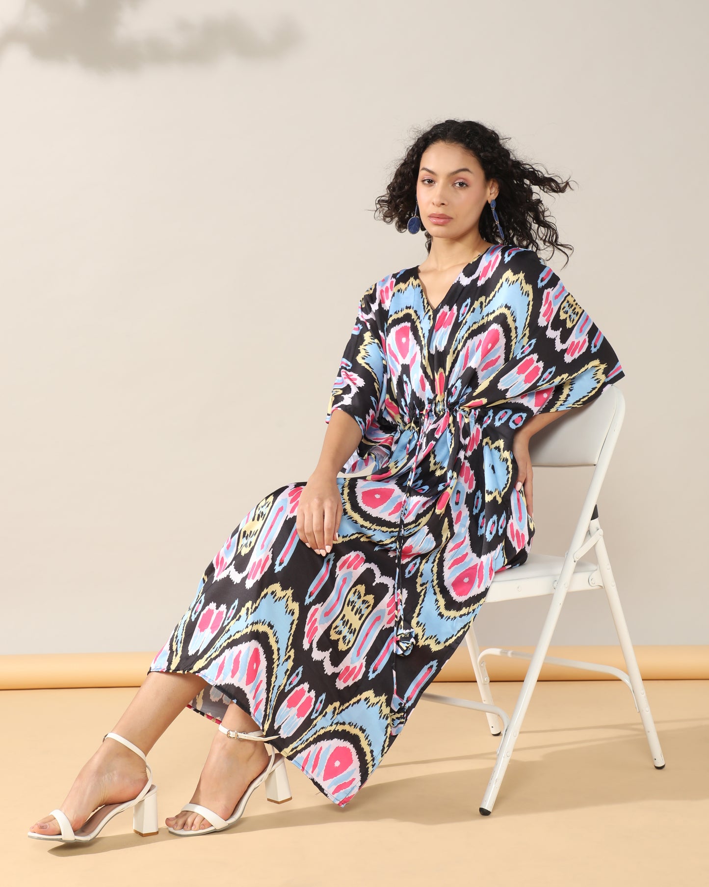 Ikkat Blue Satin linen Kaftan Dress