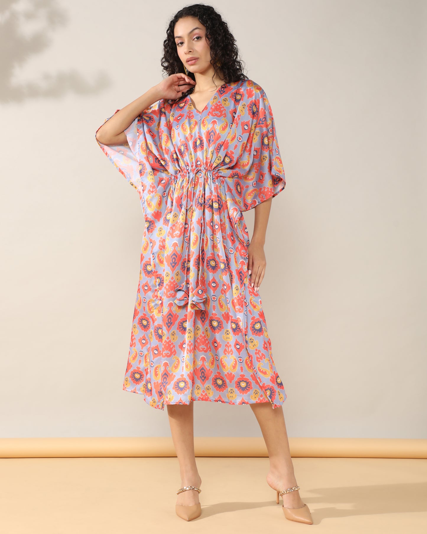 Ikkat Pink Satin linen Kaftan Dress