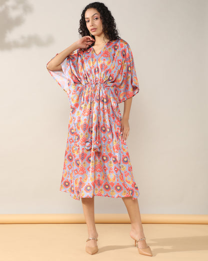 Ikkat Pink Satin linen Kaftan Dress